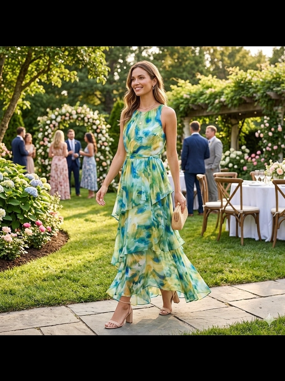 Tahari Multicolor Green & Blue Watercolor Tiered Maxi Dress